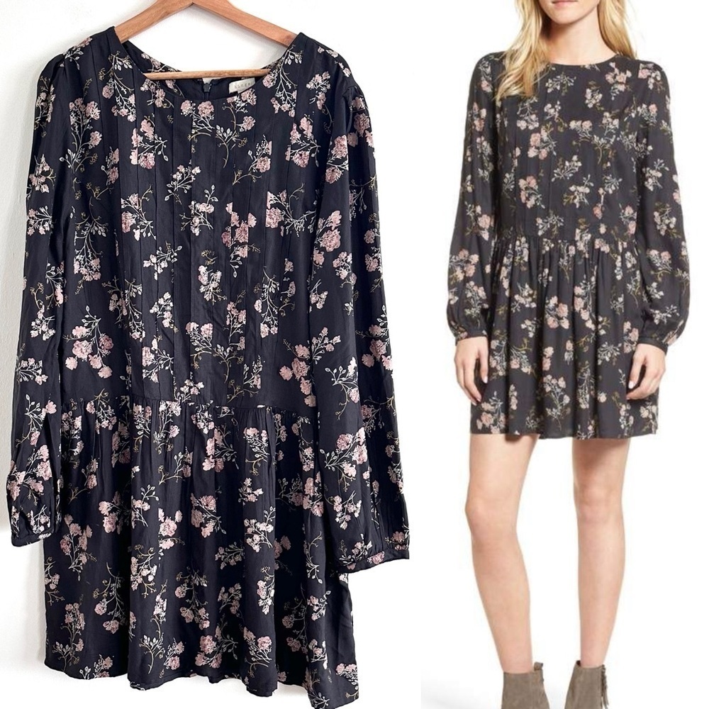 Hinge dark floral modest long sleeve pintuck babydoll dress XL